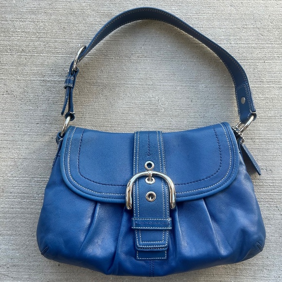Vintage Soho Coach Shoulder Bag Blue Leather with Silver Buckle - Picture 1 of 14